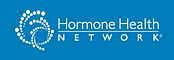 A blue square with the words hormone network written in white.