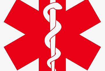 A red and white medical symbol with a caduceus